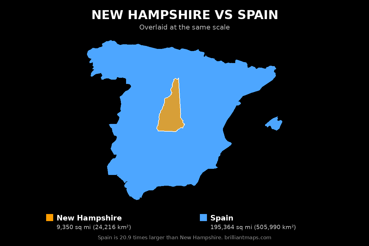New Hampshire vs Spain Size Comparison Map