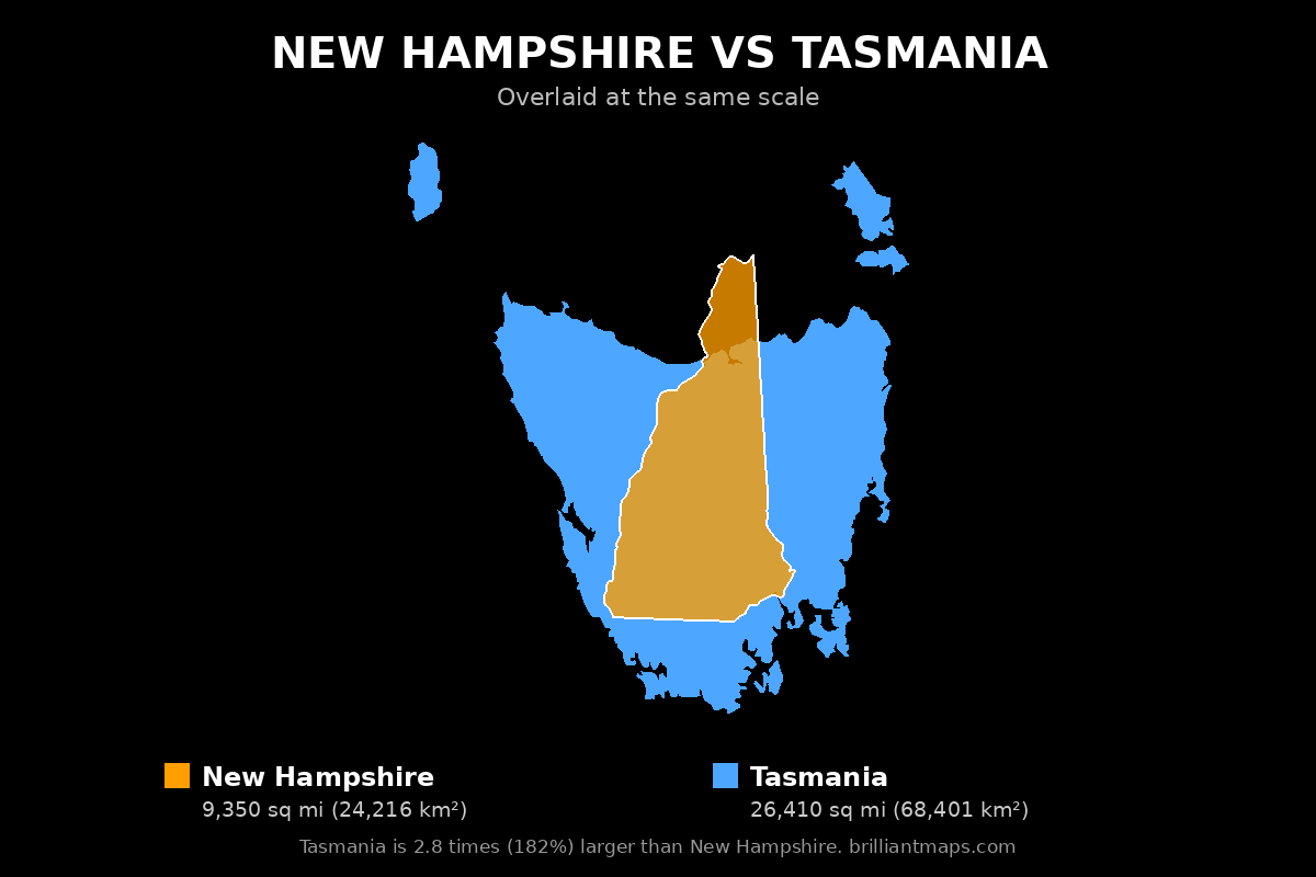 New Hampshire vs Tasmania Size Comparison Map