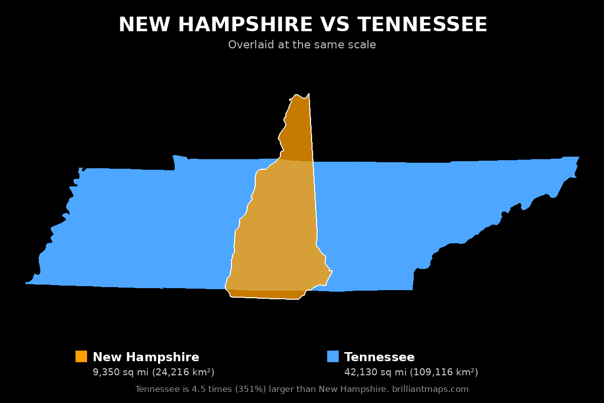 New Hampshire vs Tennessee Size Comparison Map