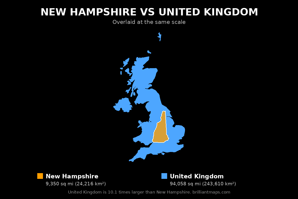 New Hampshire vs United Kingdom Size Comparison Map