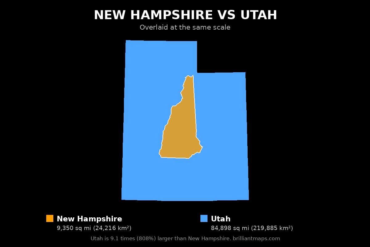 New Hampshire vs Utah Size Comparison Map