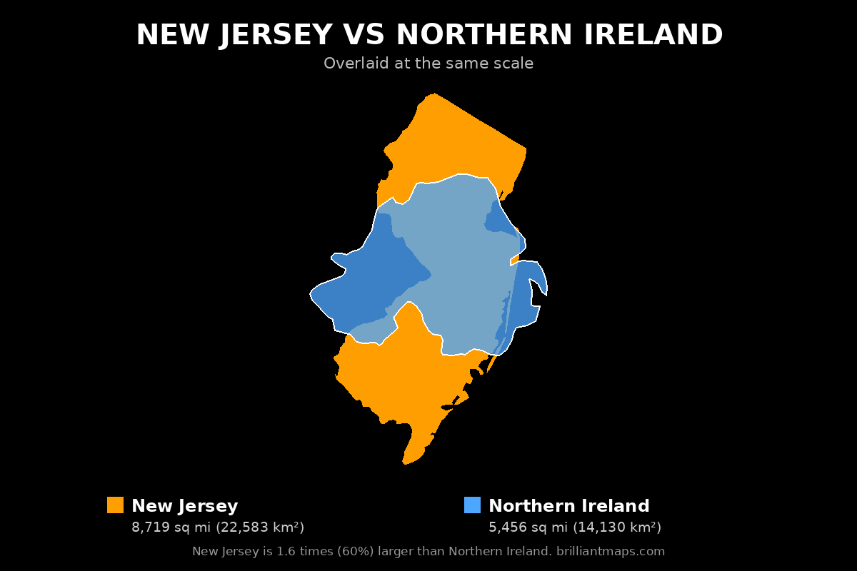 New Jersey vs Northern Ireland Size Comparison Map