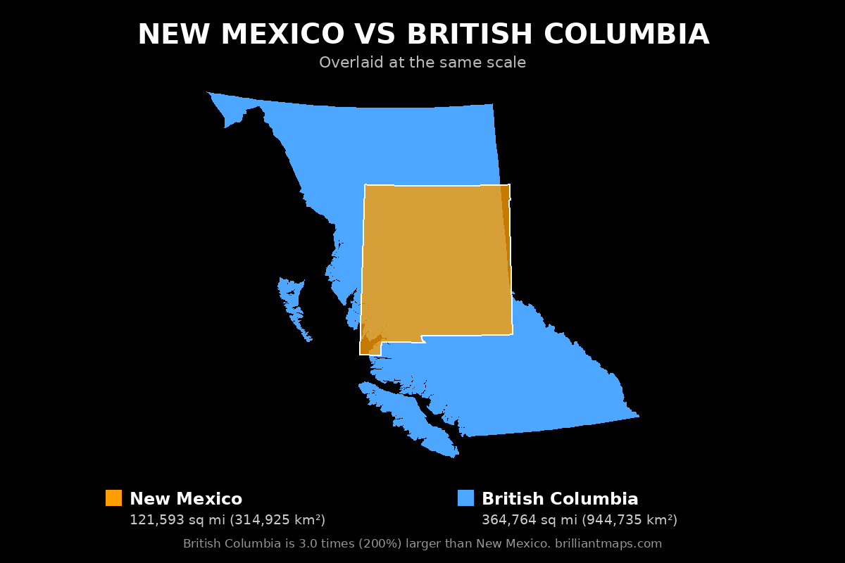 New Mexico vs British Columbia Size Comparison Map
