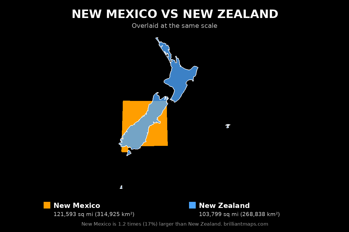 New Mexico vs New Zealand Size Comparison Map