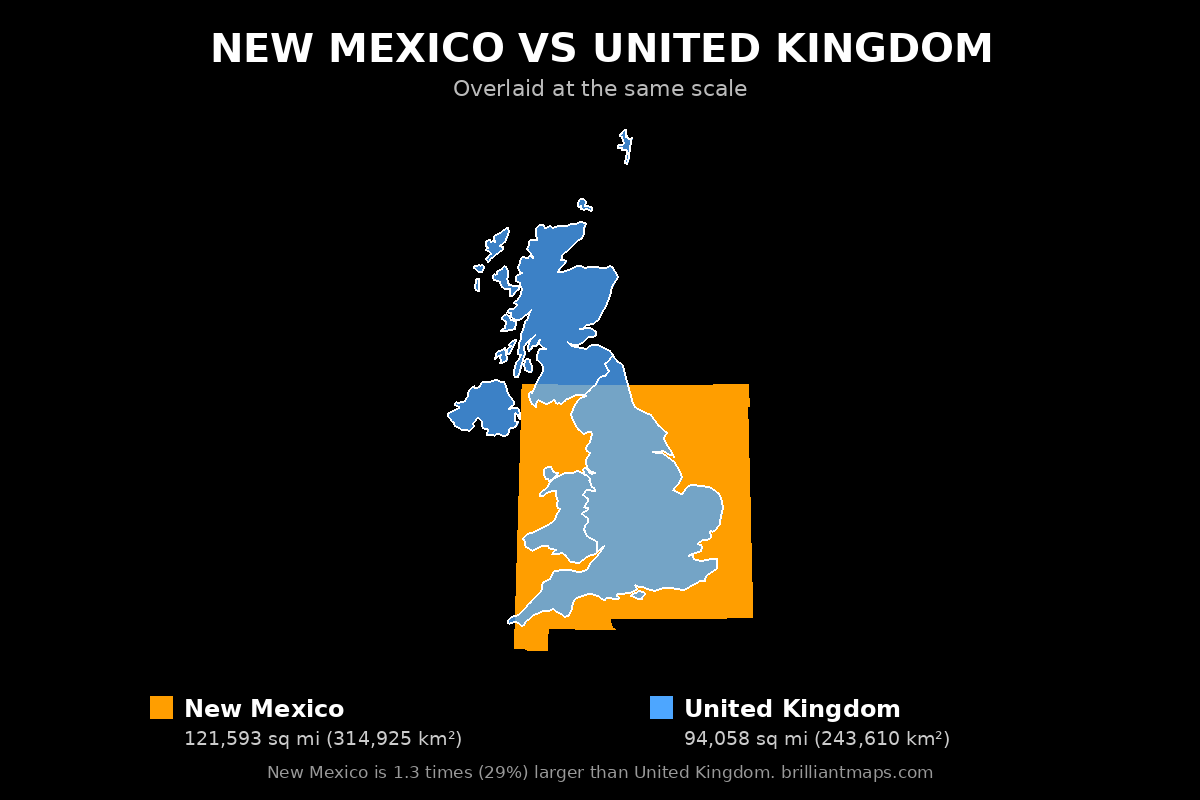 New Mexico vs United Kingdom Size Comparison Map