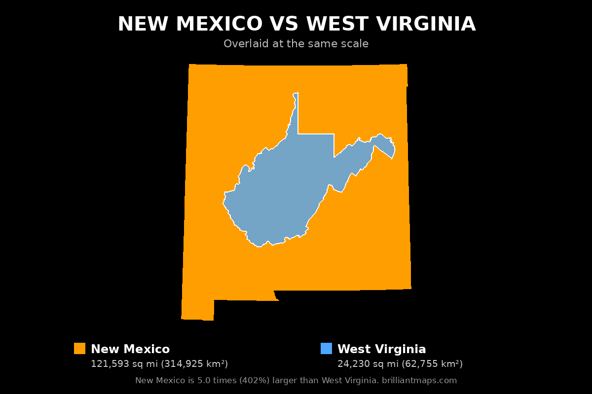 New Mexico vs West Virginia Size Comparison Map