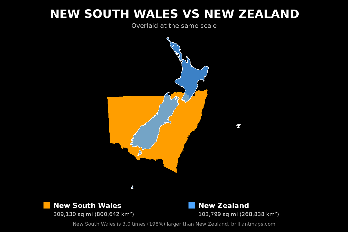 New South Wales vs New Zealand Size Comparison Map