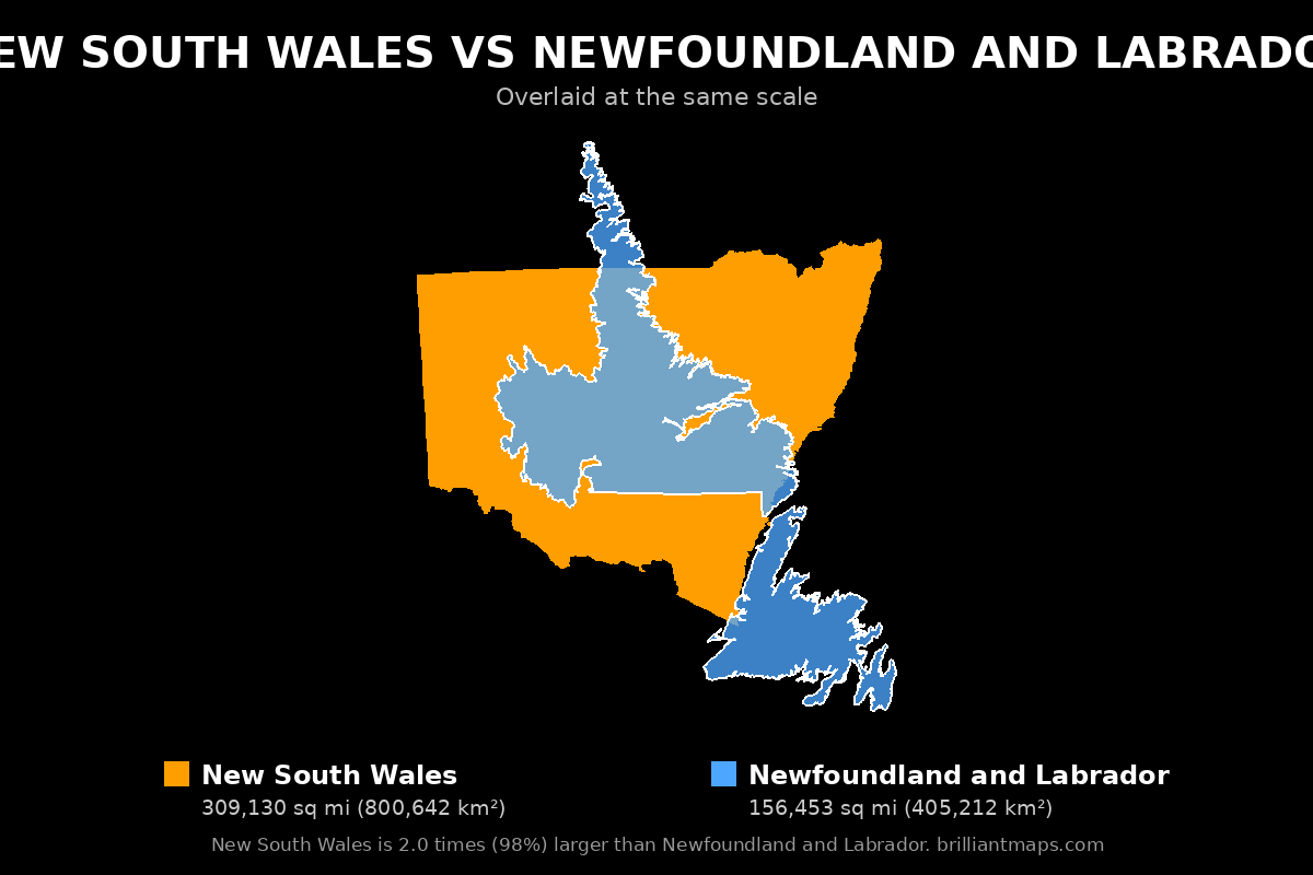 New South Wales vs Newfoundland and Labrador Size Comparison Map