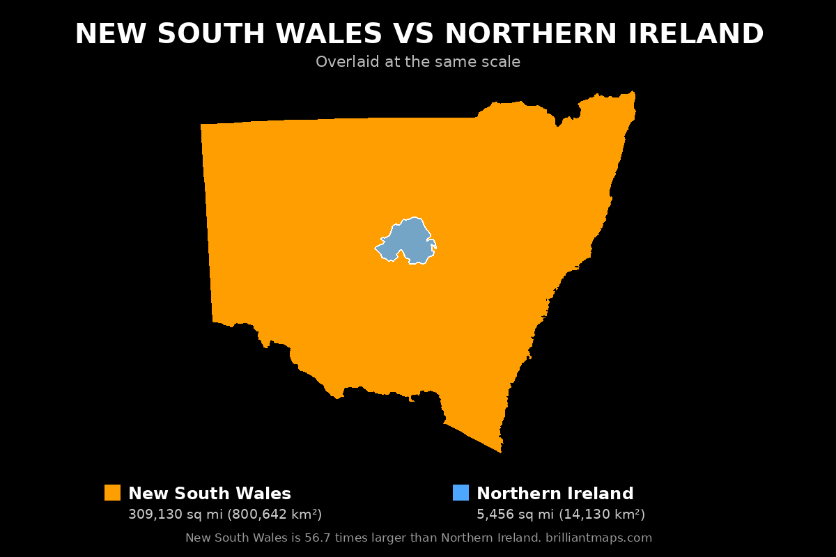 New South Wales vs Northern Ireland Size Comparison Map