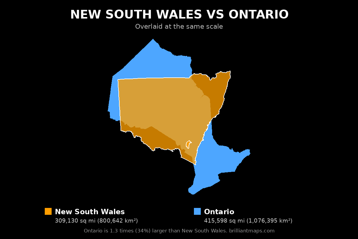 New South Wales vs Ontario Size Comparison Map