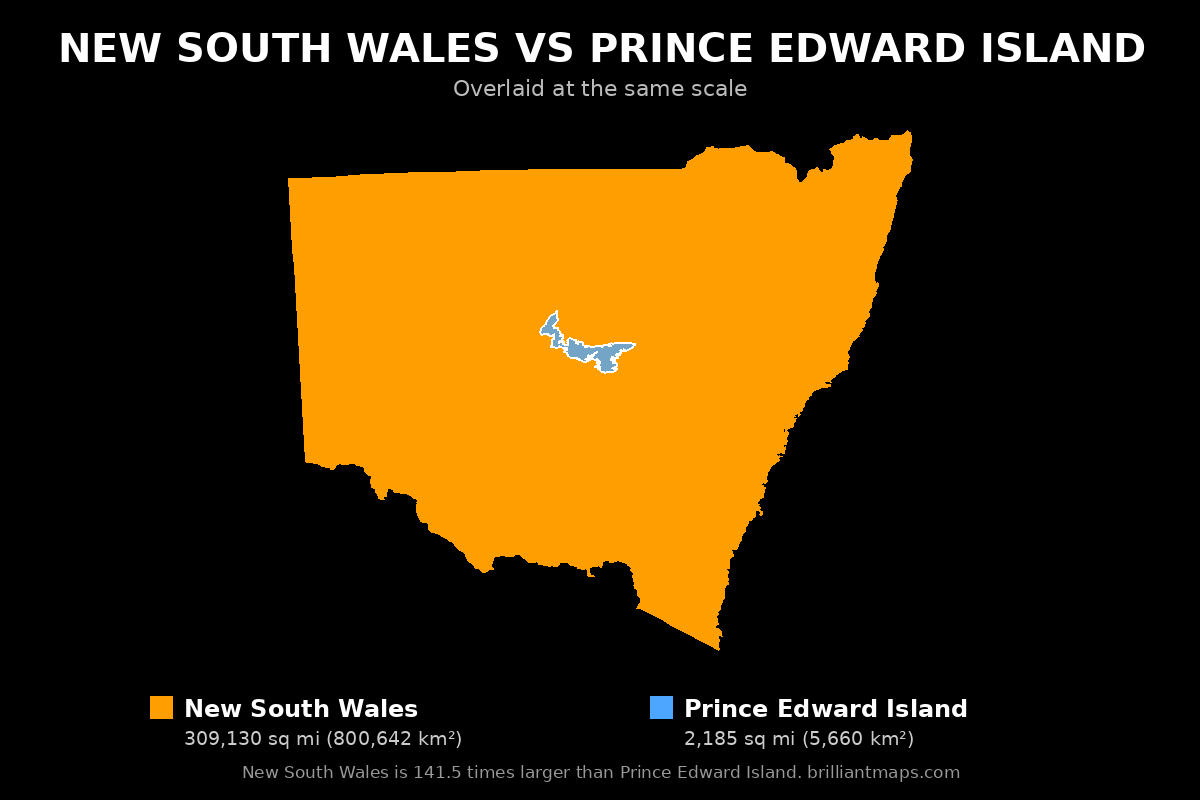 New South Wales vs Prince Edward Island Size Comparison Map