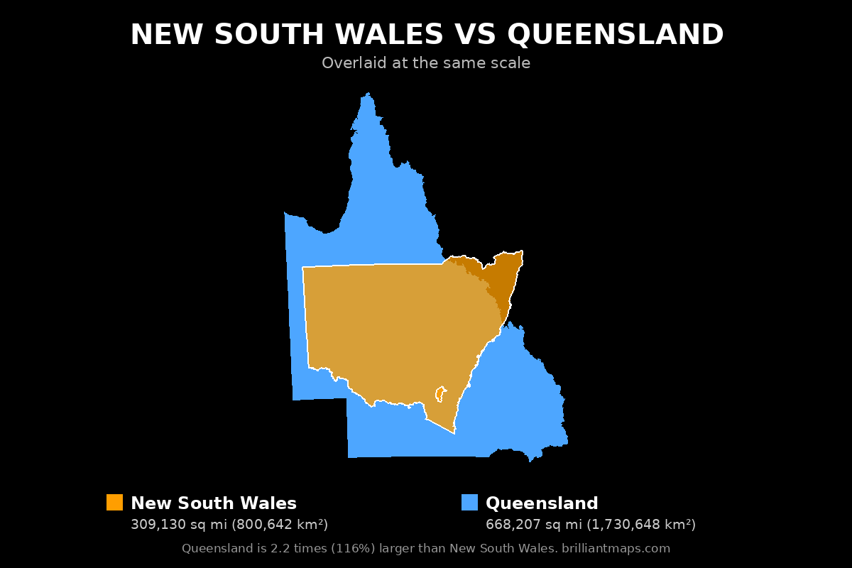 New South Wales vs Queensland Size Comparison Map