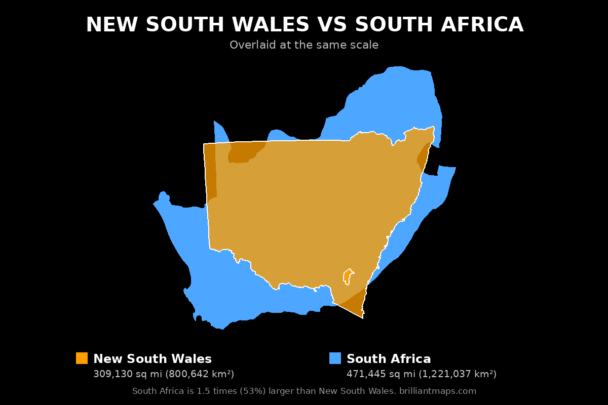 New South Wales vs South Africa Size Comparison Map