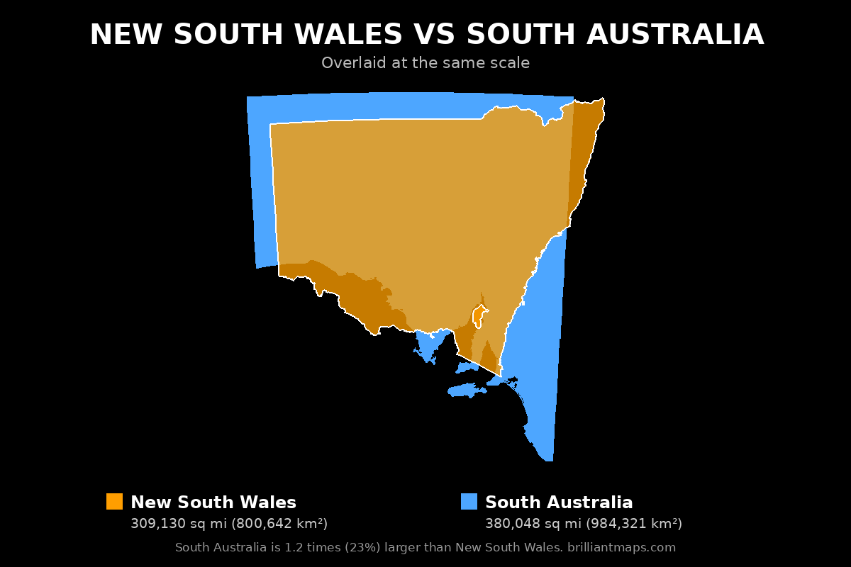 New South Wales vs South Australia Size Comparison Map