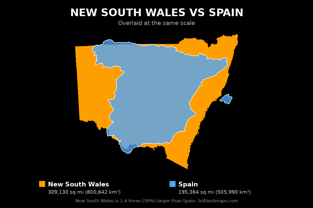 New South Wales vs Spain Size Comparison Map