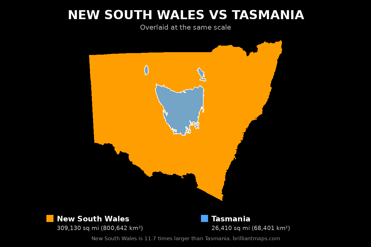 New South Wales vs Tasmania Size Comparison Map