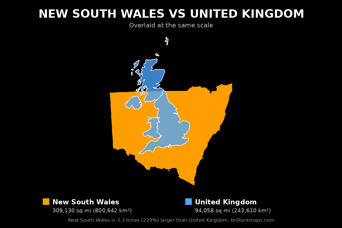 New South Wales vs United Kingdom Size Comparison Map