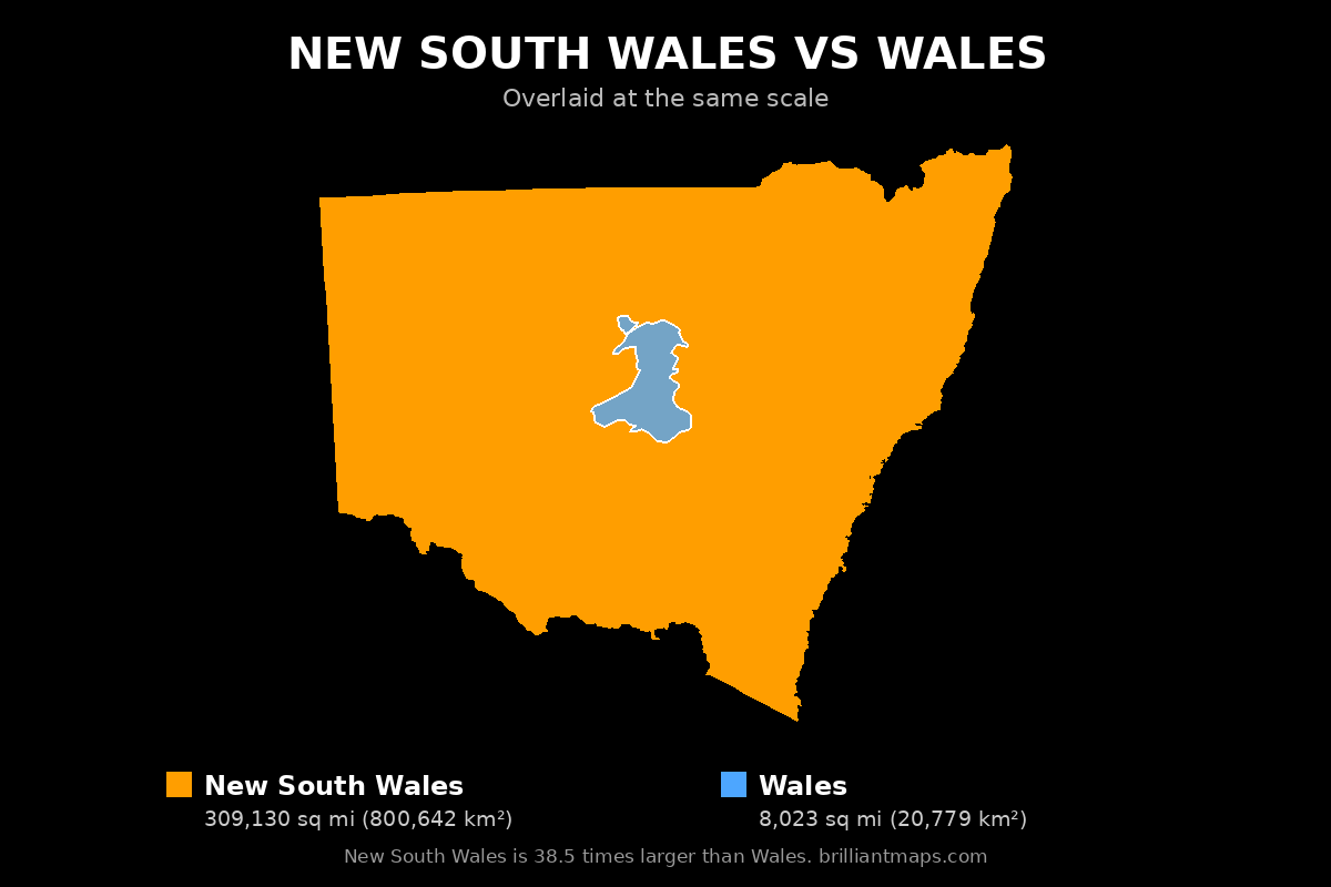 New South Wales vs Wales Size Comparison Map