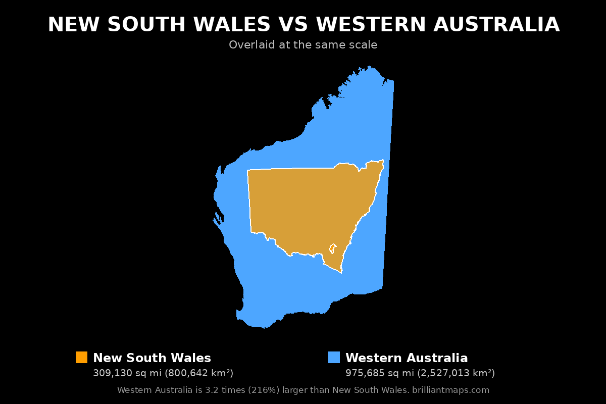 New South Wales vs Western Australia Size Comparison Map