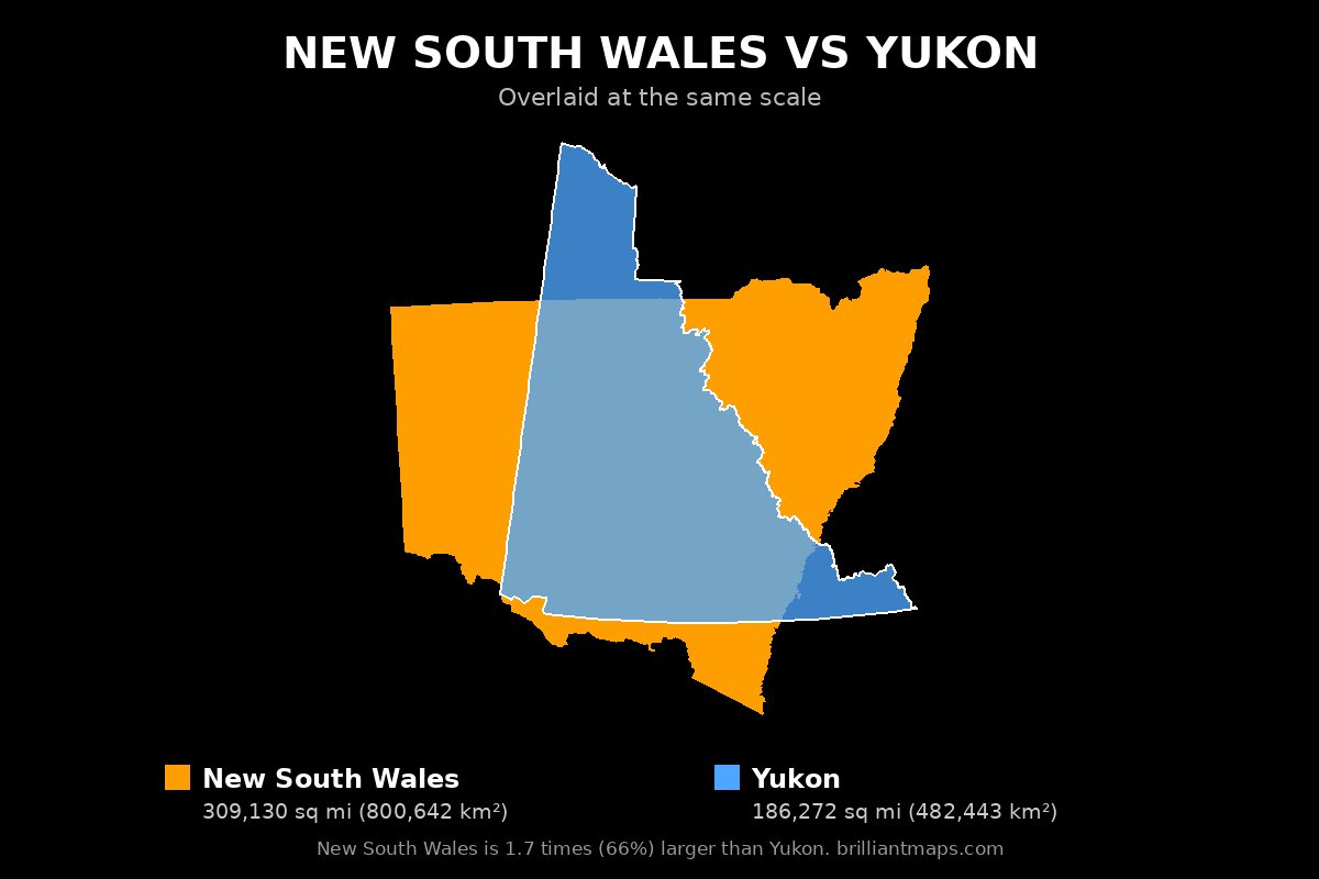 New South Wales vs Yukon Size Comparison Map