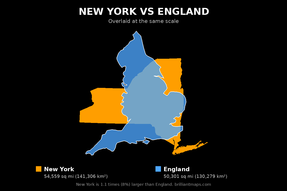 New York vs England Size Comparison Map