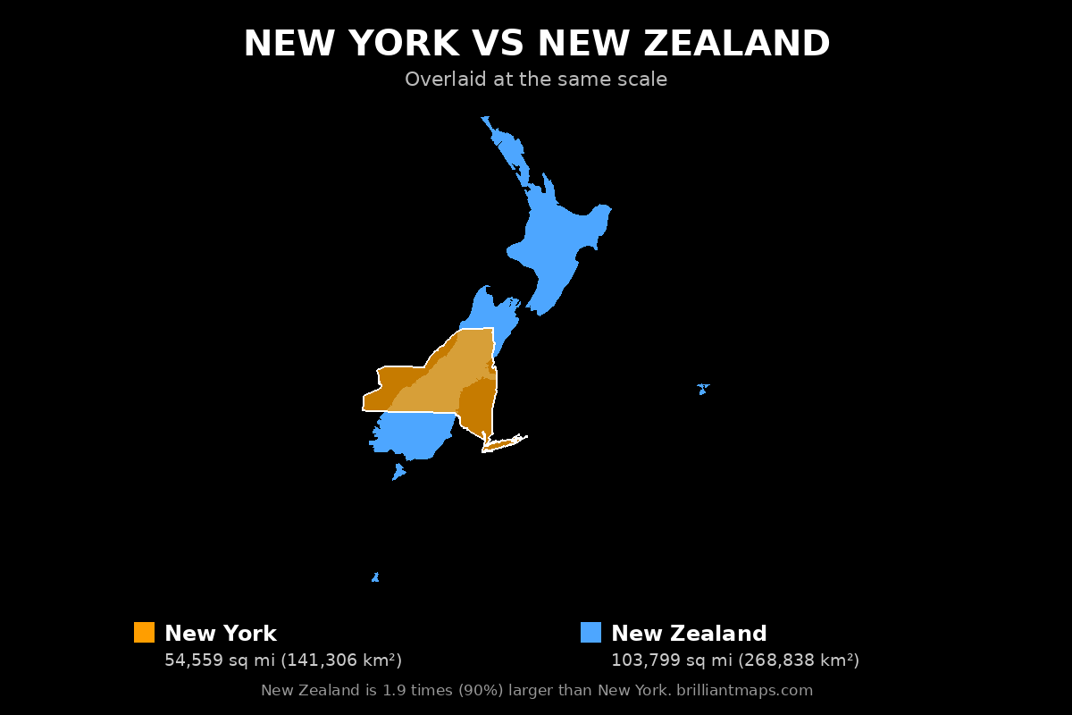 New York vs New Zealand Size Comparison Map
