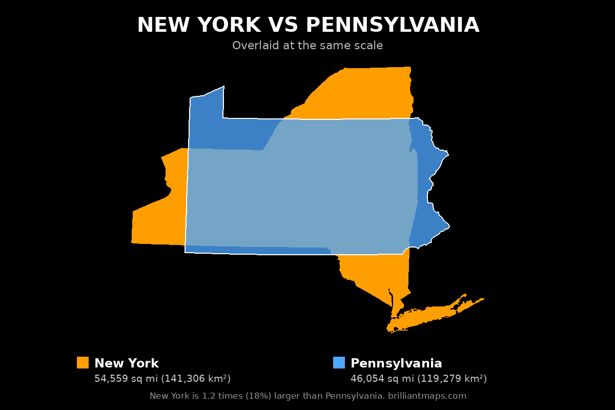 New York vs Pennsylvania Size Comparison Map