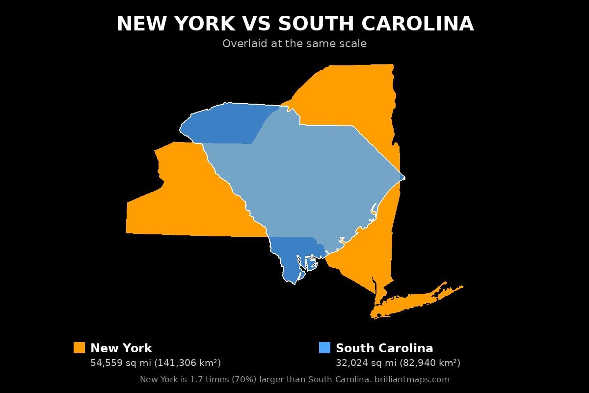New York vs South Carolina Size Comparison Map