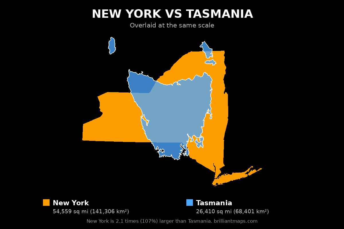 New York vs Tasmania Size Comparison Map
