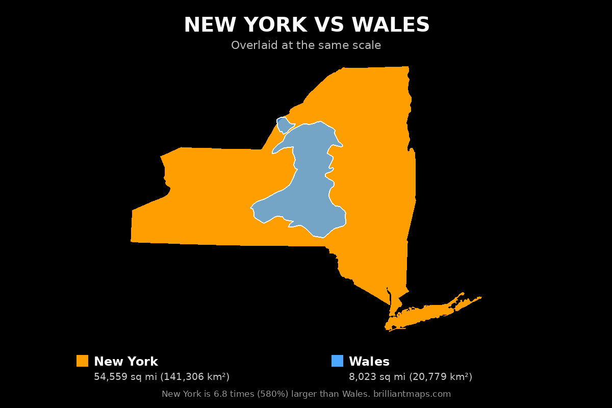New York vs Wales Size Comparison Map