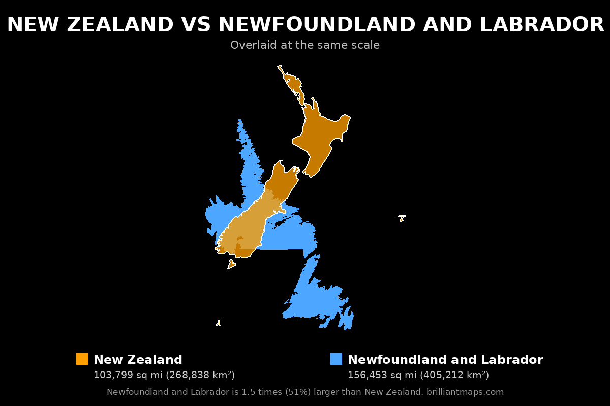 New Zealand vs Newfoundland and Labrador Size Comparison Map