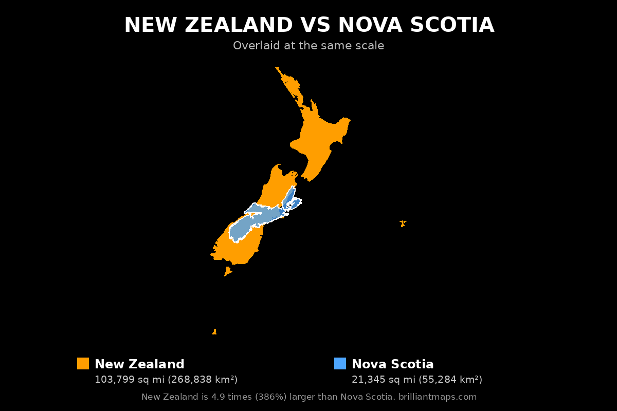 New Zealand vs Nova Scotia Size Comparison Map