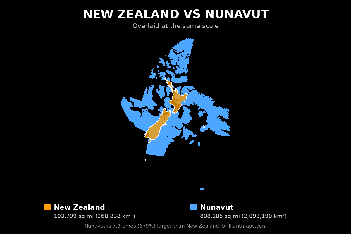 New Zealand vs Nunavut Size Comparison Map