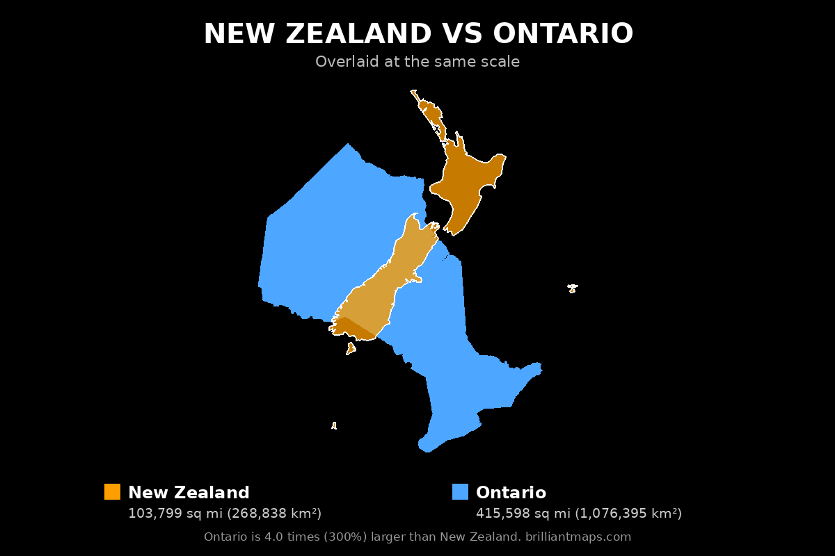 New Zealand vs Ontario Size Comparison Map