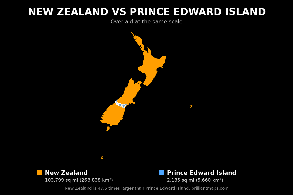 New Zealand vs Prince Edward Island Size Comparison Map