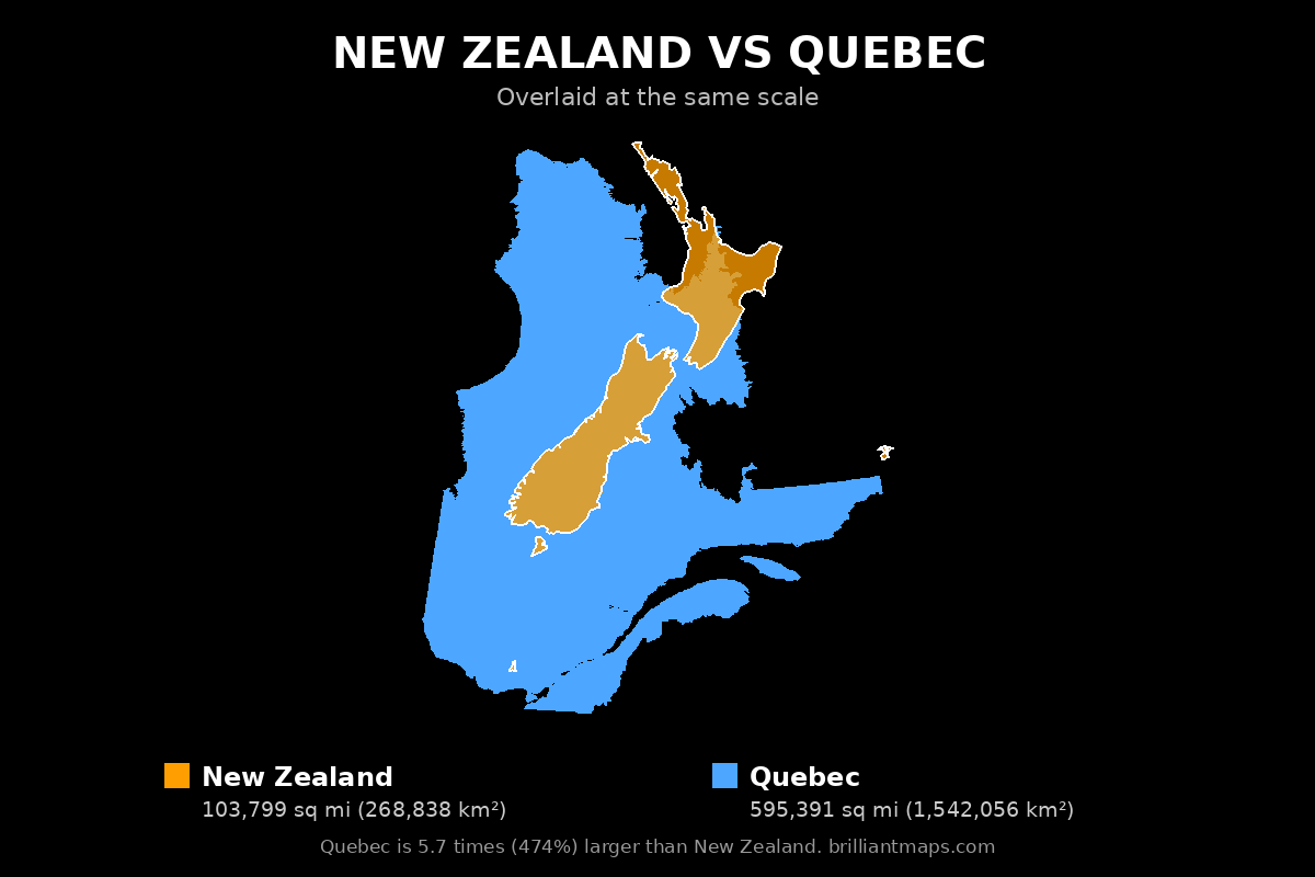 New Zealand vs Quebec Size Comparison Map
