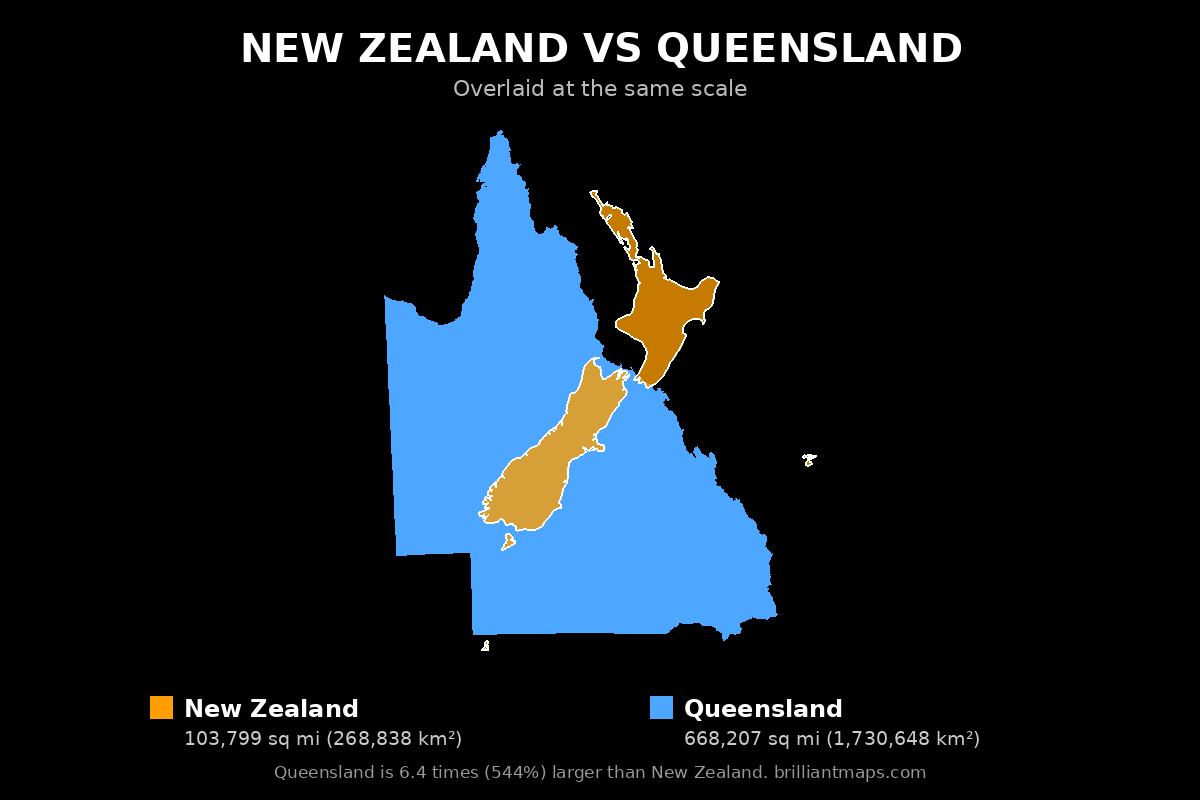 New Zealand vs Queensland Size Comparison Map