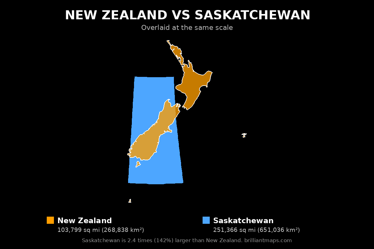New Zealand vs Saskatchewan Size Comparison Map