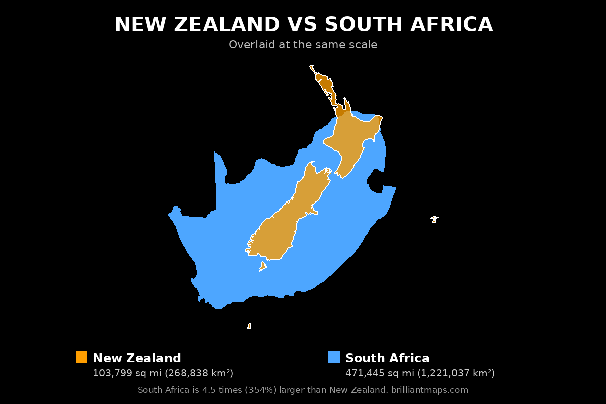 New Zealand vs South Africa Size Comparison Map