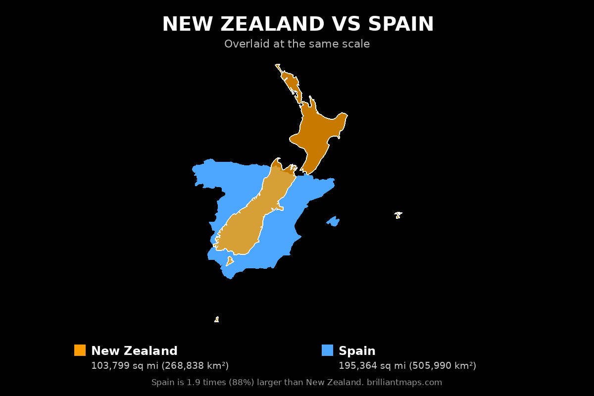 New Zealand vs Spain Size Comparison Map