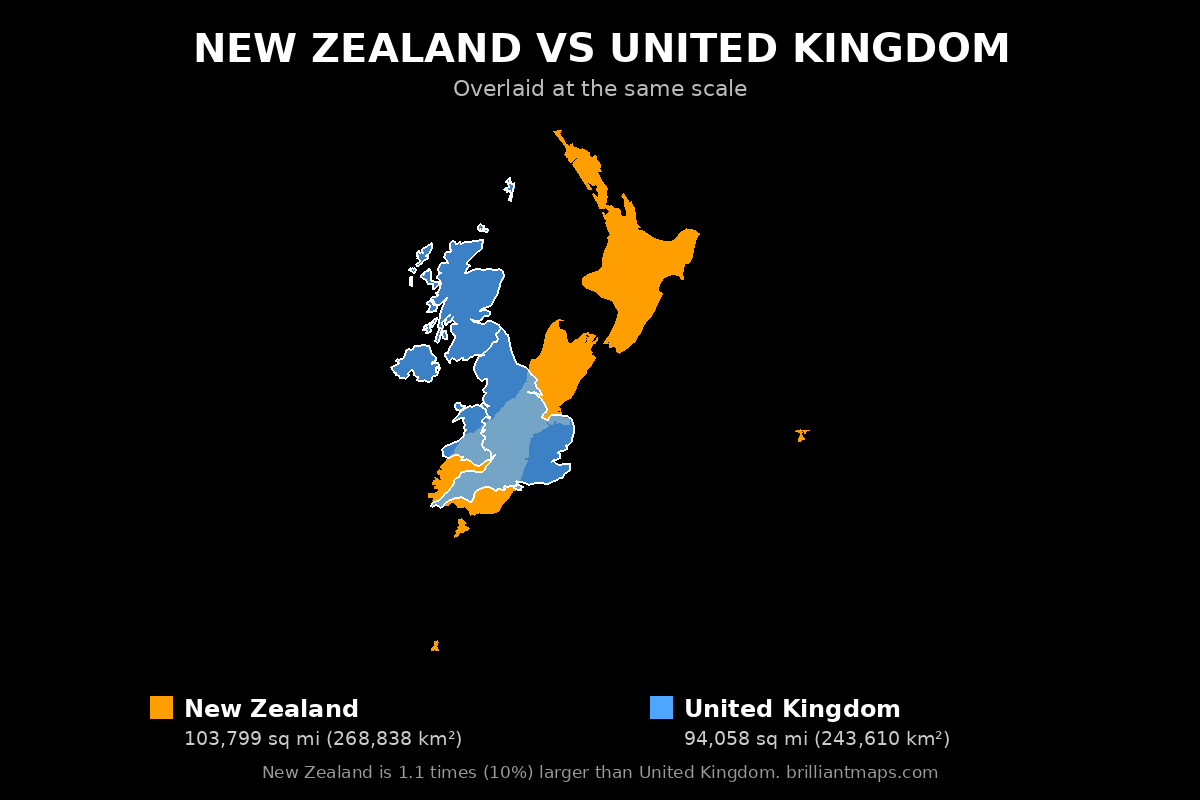 New Zealand vs United Kingdom Size Comparison Map