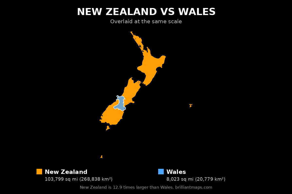 New Zealand vs Wales Size Comparison Map