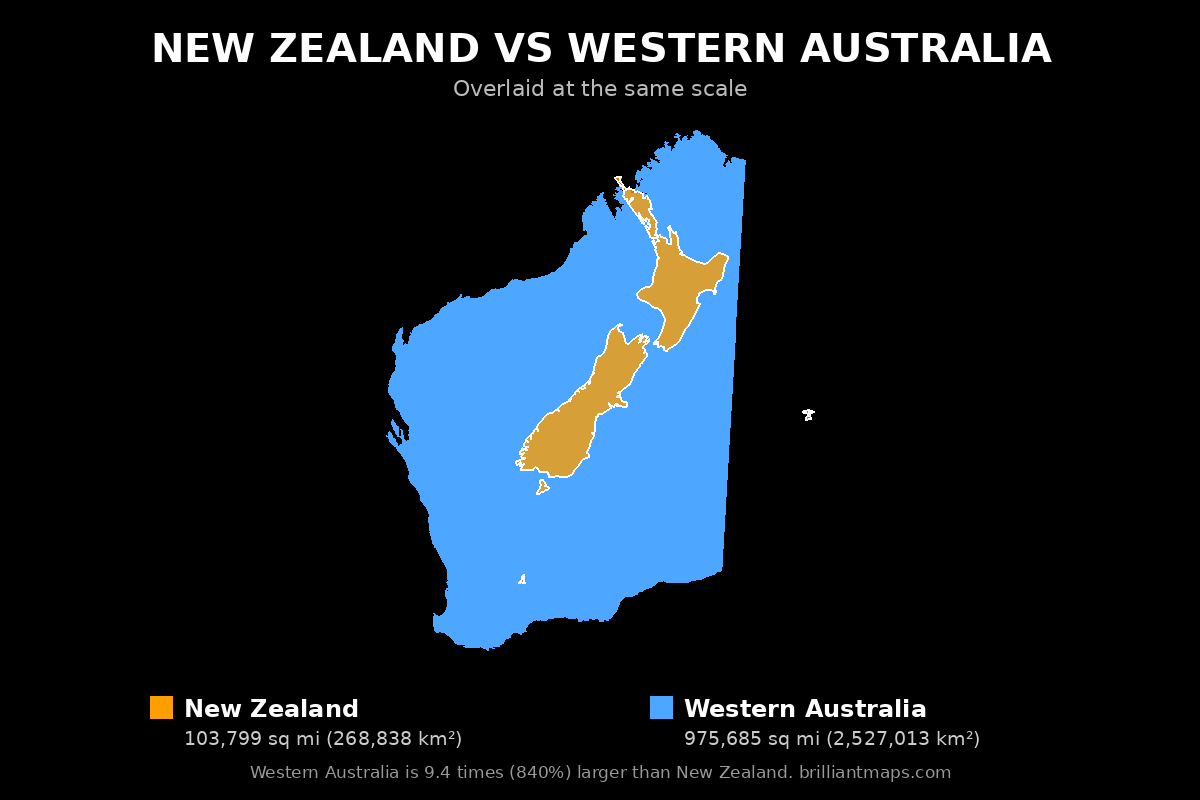 New Zealand vs Western Australia Size Comparison Map
