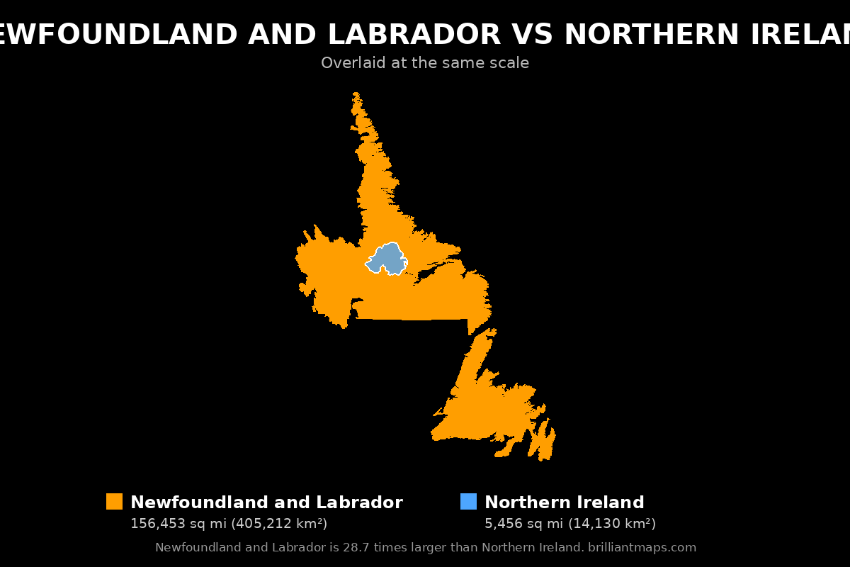 Newfoundland and Labrador vs Northern Ireland Size Comparison Map