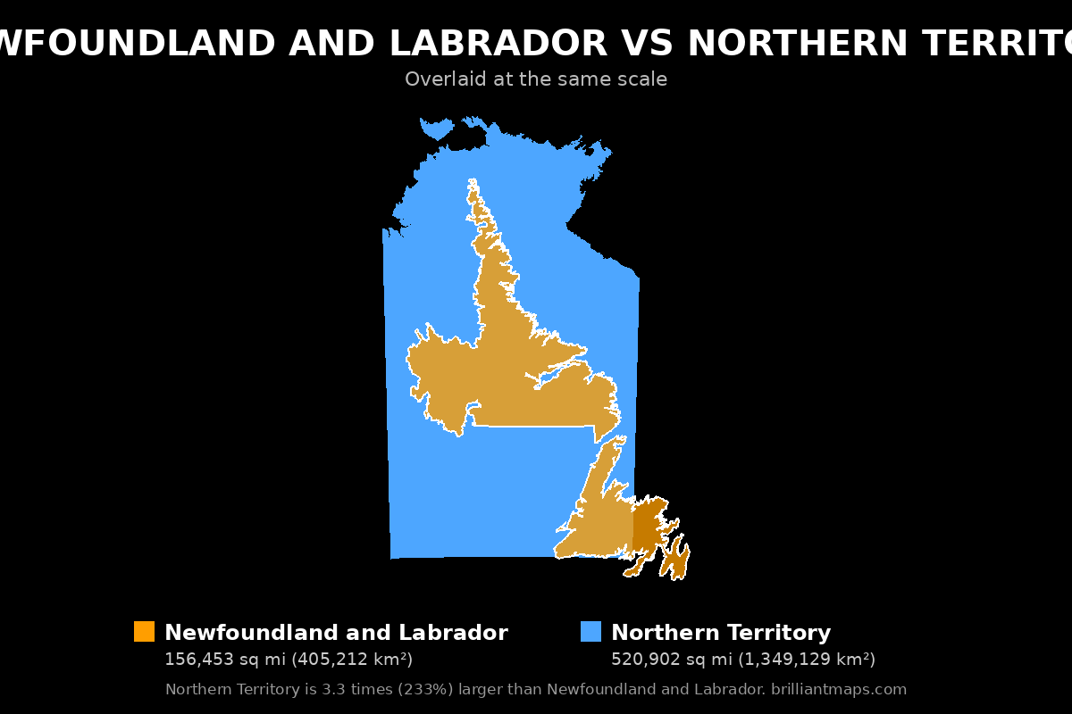 Newfoundland and Labrador vs Northern Territory Size Comparison Map