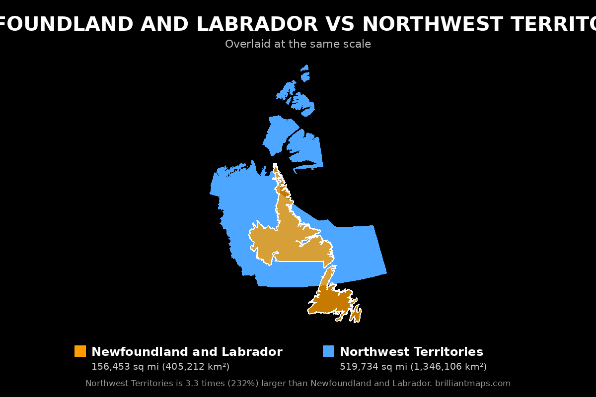 Newfoundland and Labrador vs Northwest Territories Size Comparison Map