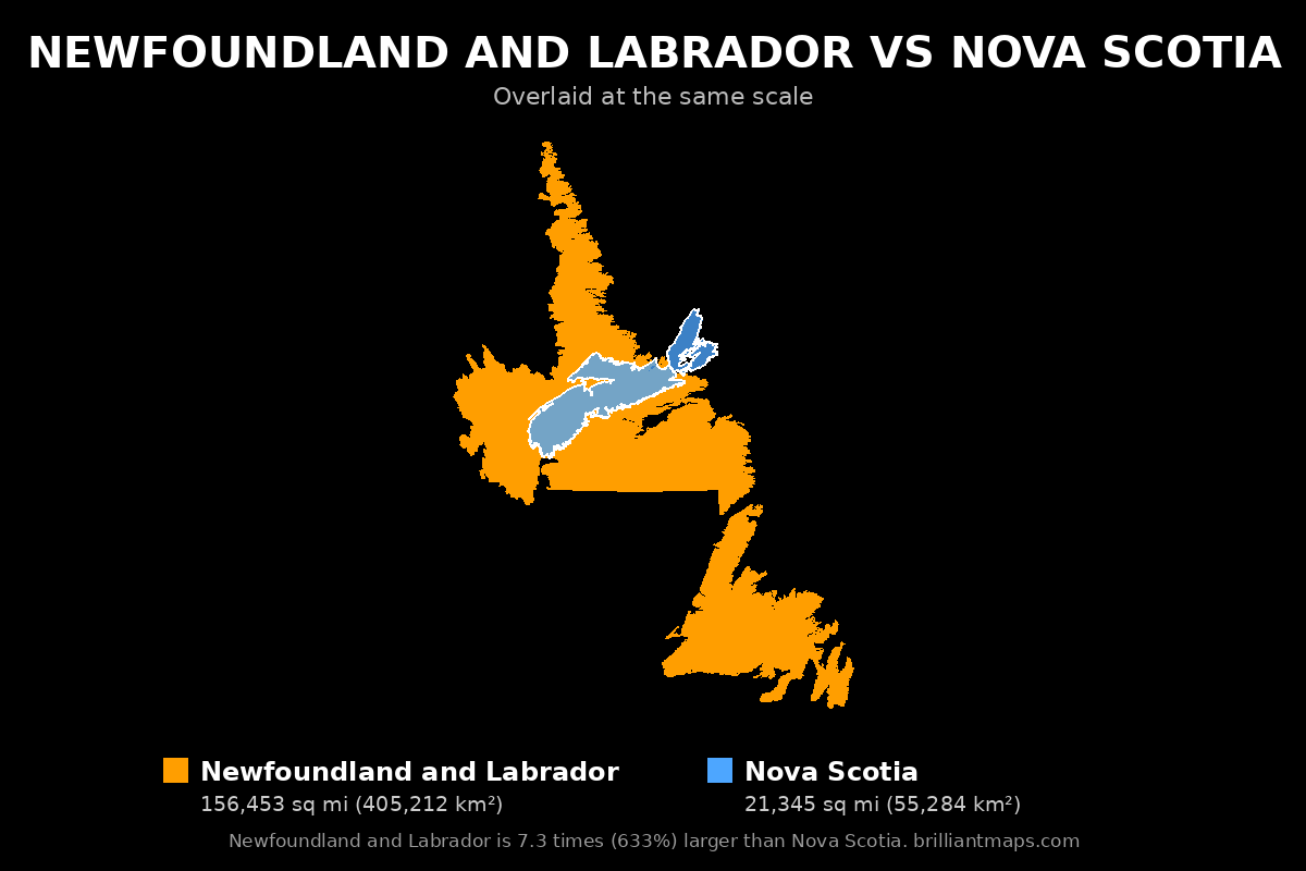 Newfoundland and Labrador vs Nova Scotia Size Comparison Map