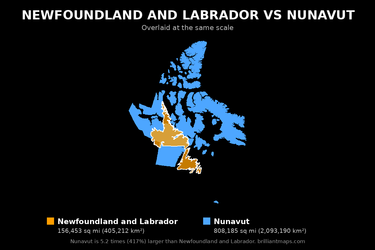 Newfoundland and Labrador vs Nunavut Size Comparison Map