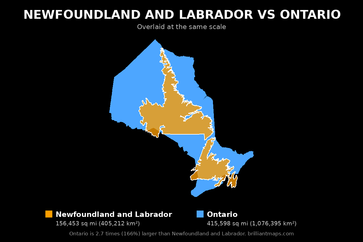 Newfoundland and Labrador vs Ontario Size Comparison Map