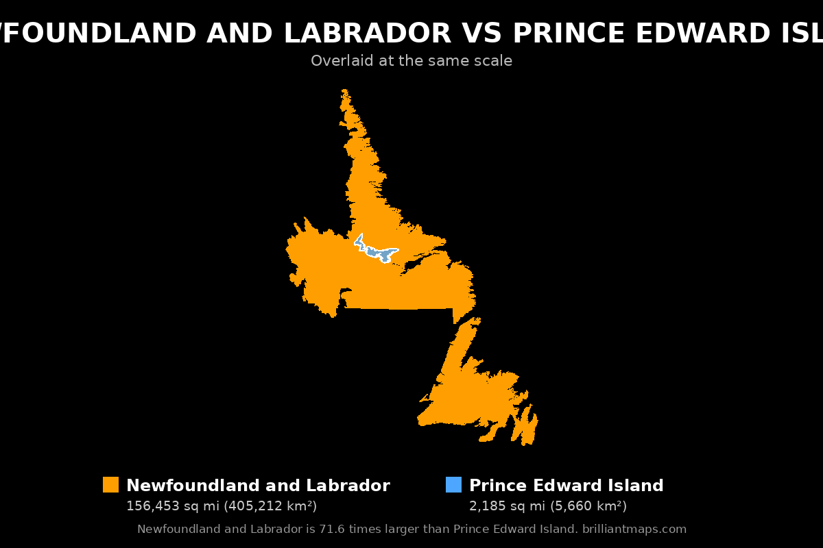 Newfoundland and Labrador vs Prince Edward Island Size Comparison Map